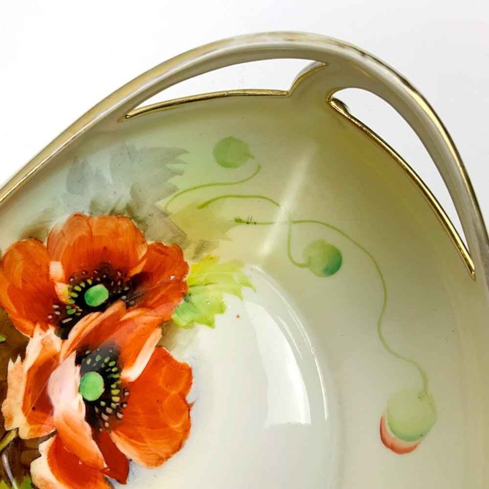 Antique Nippon Hand Painted Poppies Triangular Bowl - Picture 10 of 16